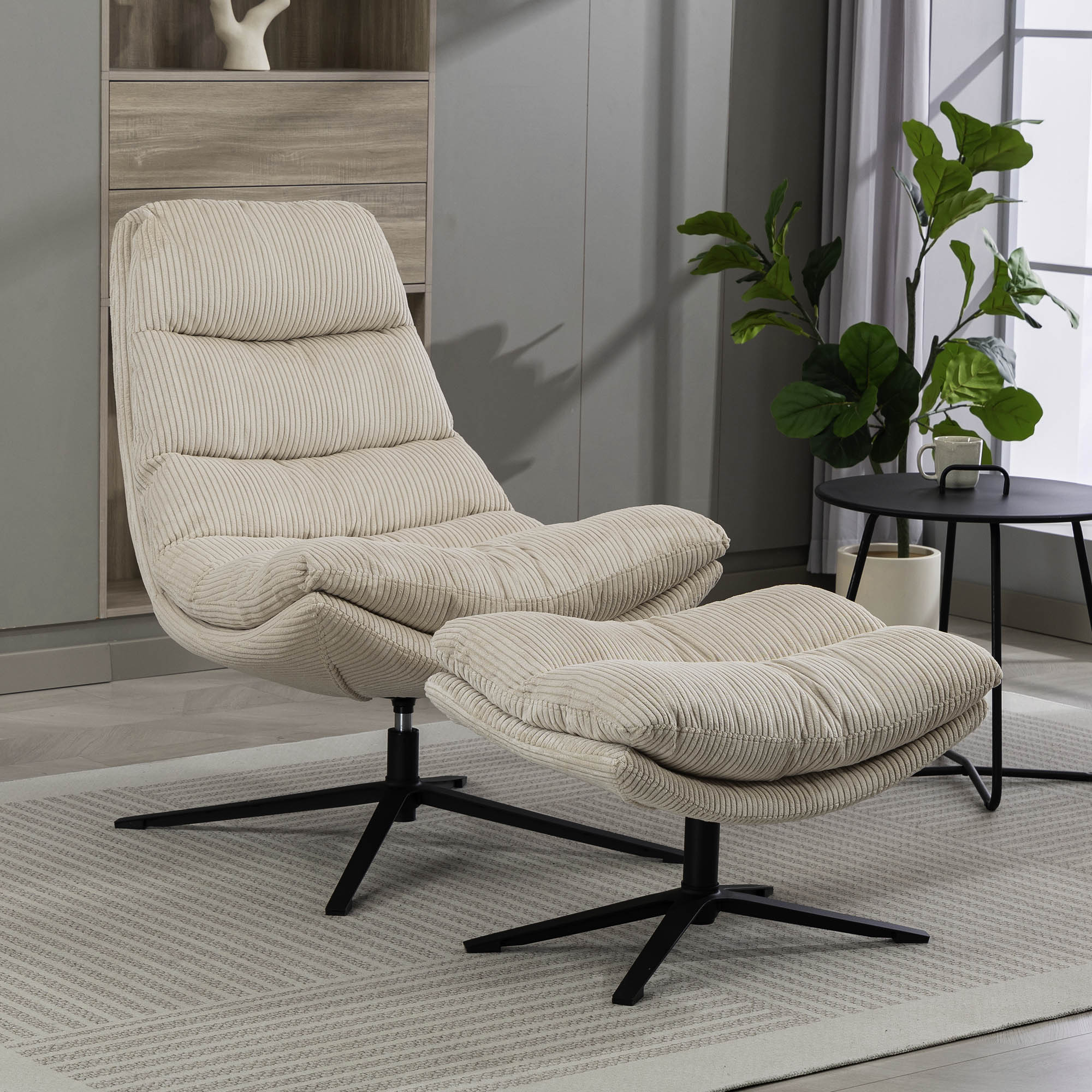 Relaxsessel mit Hocker Cord beige - 360 ° drehbar, mit Relaxfunktion - Duo Collection Pocatello