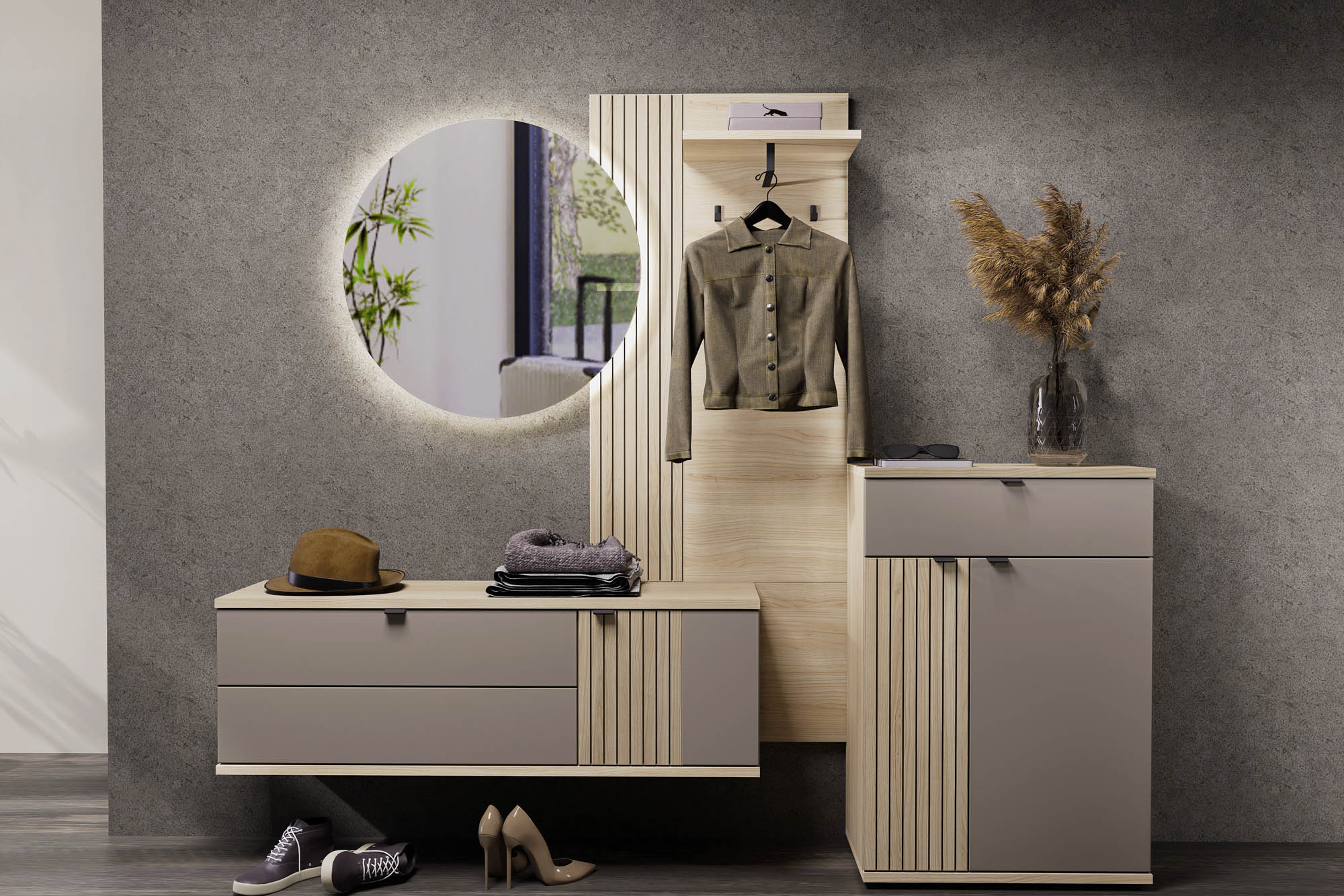 Hänge-Schuhschrank basalt supermatt - Innostyle Piacenza - mit Softclose und Selbsteinzug - mit 1 Klappe und 1 Holztür