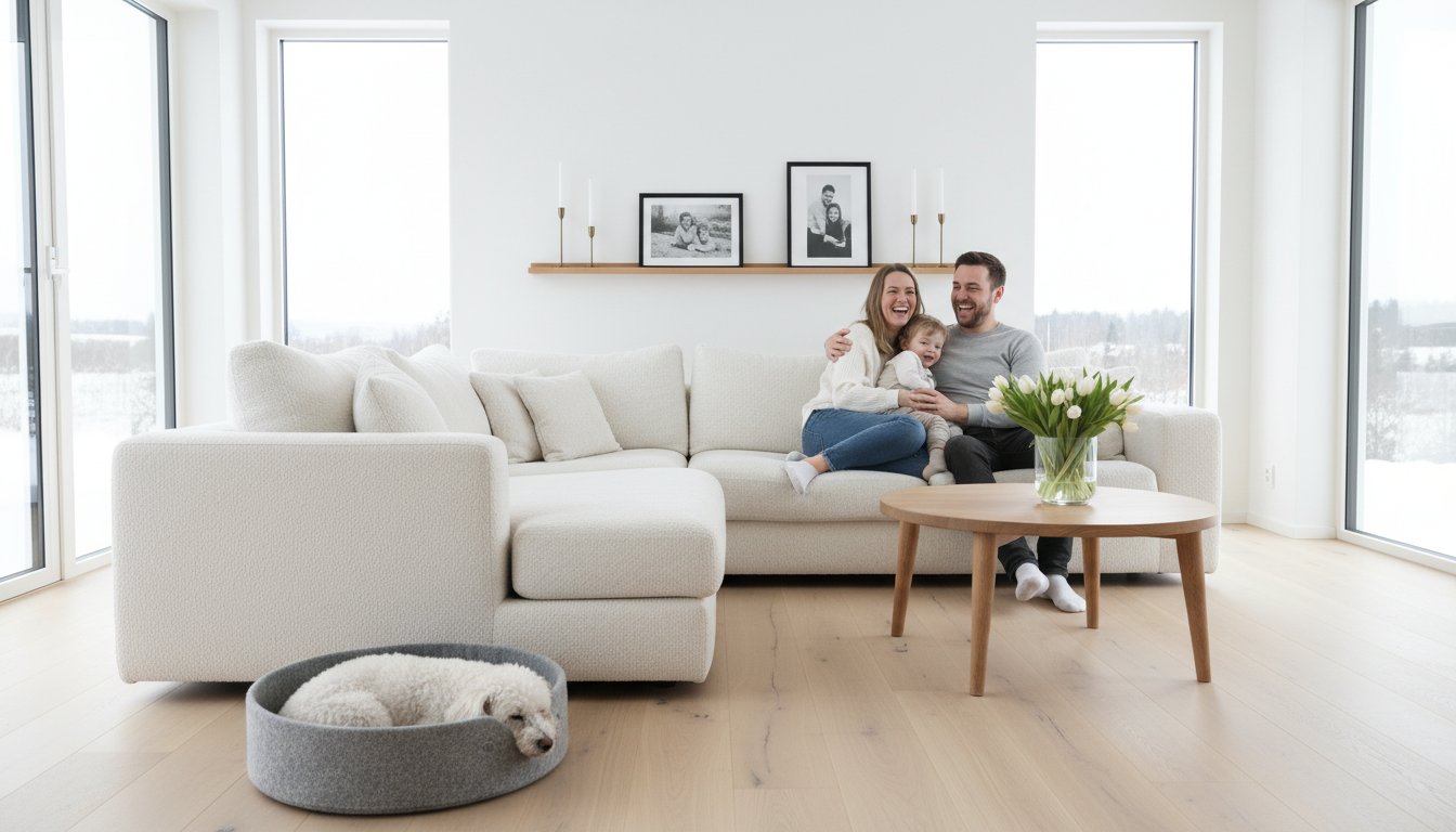 Das Bild zeigt eine junge Familie auf ein beiges Cord-Ecksofa. Mit Eiche Couchtisch mit weisse Tulpen. Modernes helles Wohnzimmer