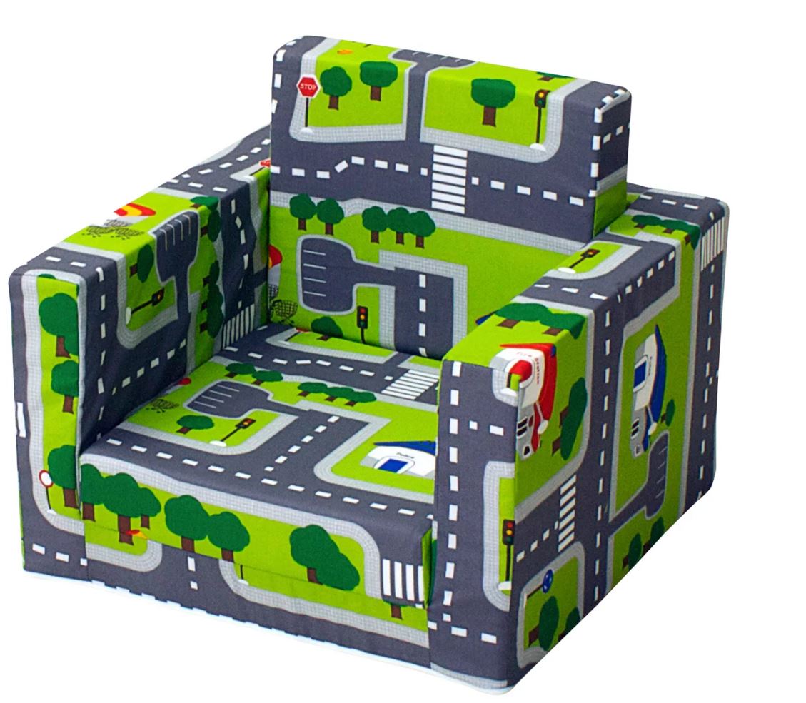 Kindersessel eckig Spielstraße grün - mit ausziehbarer Sitzfläche - Sun Garden Luca