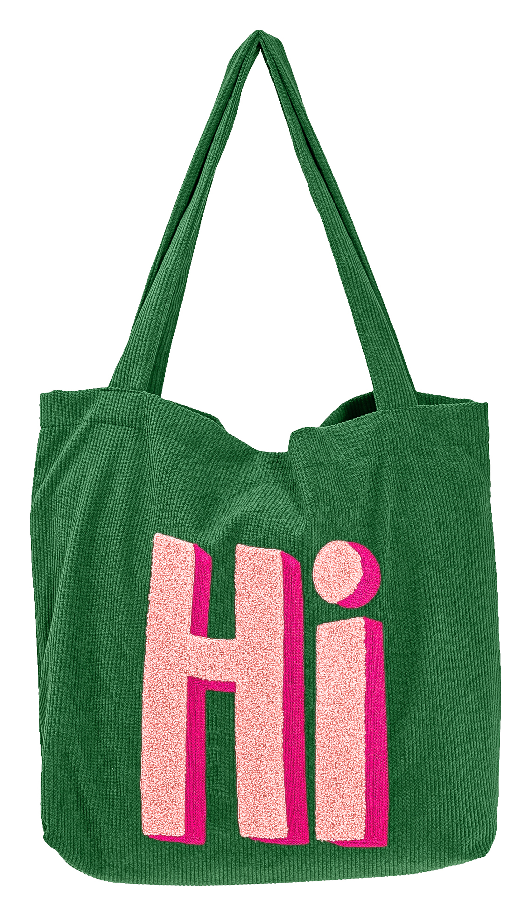 Cord Umhängetasche Pixie „Hi“ – Großzügige Schultertasche mit 3D-Tuft-Motiv