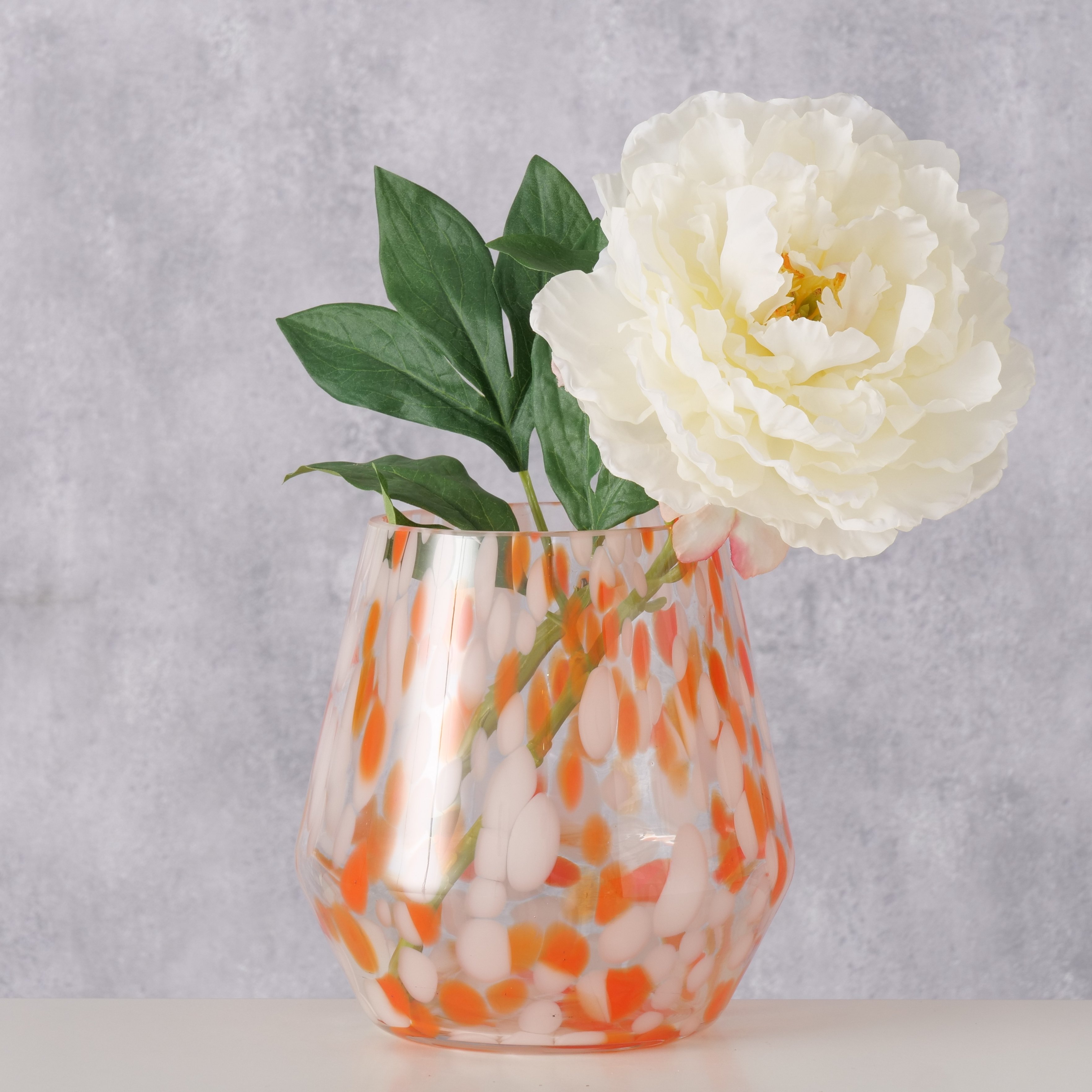 Boltze Windlicht Oranja – Modernes Glas‑Windlicht mit orange‑weißem Muster