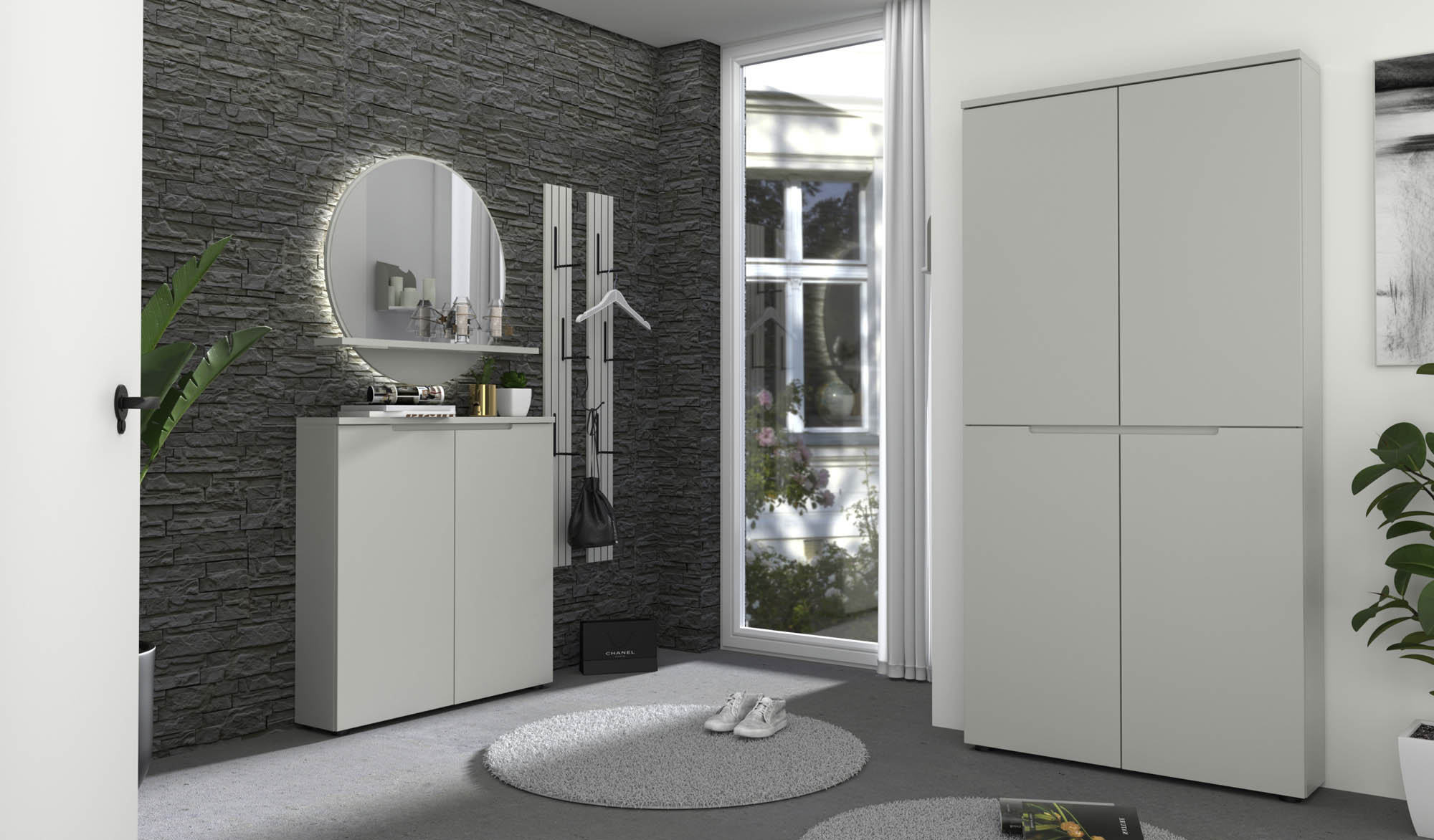 Schuhschrank lichtgrau - Bridport - mit Softclose, grifflos - mit 2 Holztüren und 4 Fachböden