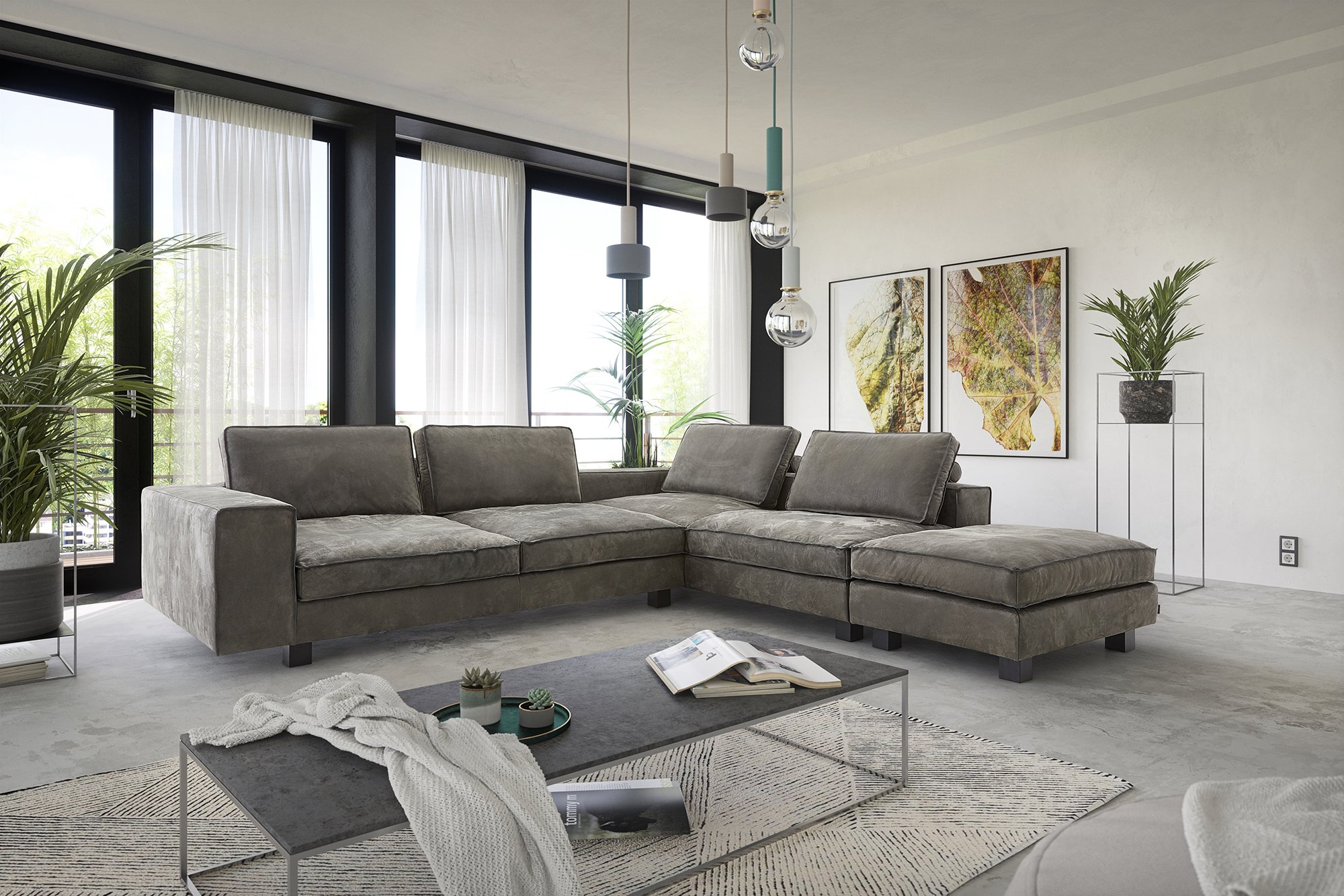 Tommy M Wohnlandschaft Anilinleder Anthrazit L-Long Beach X 325 x 224 cm