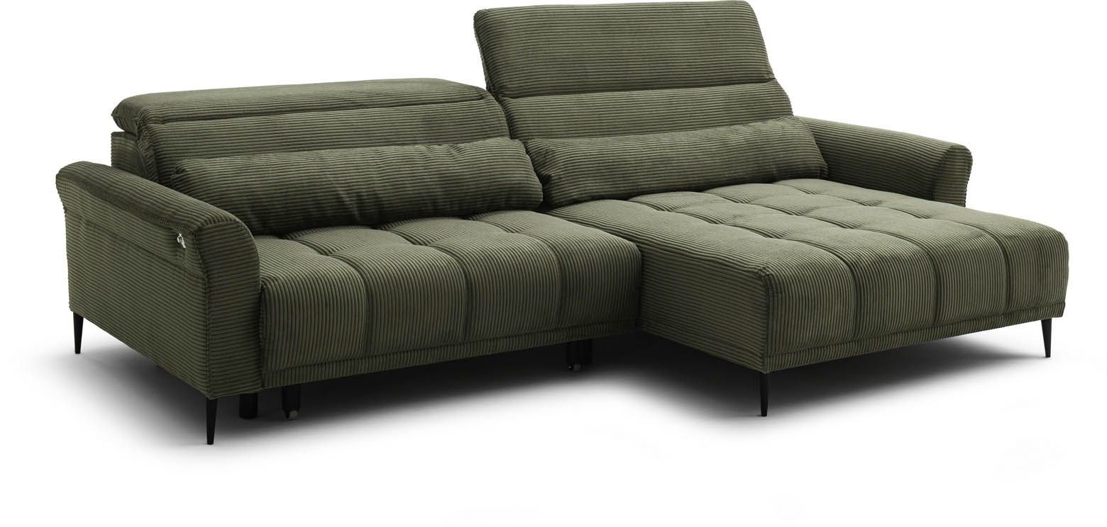 Wohnlandschaft Cord Grün Ottomane rechts - inkl. elektrischer XXL-Sitztiefenverstellung und 2 Kopfteilverstellungen  -  Wolve