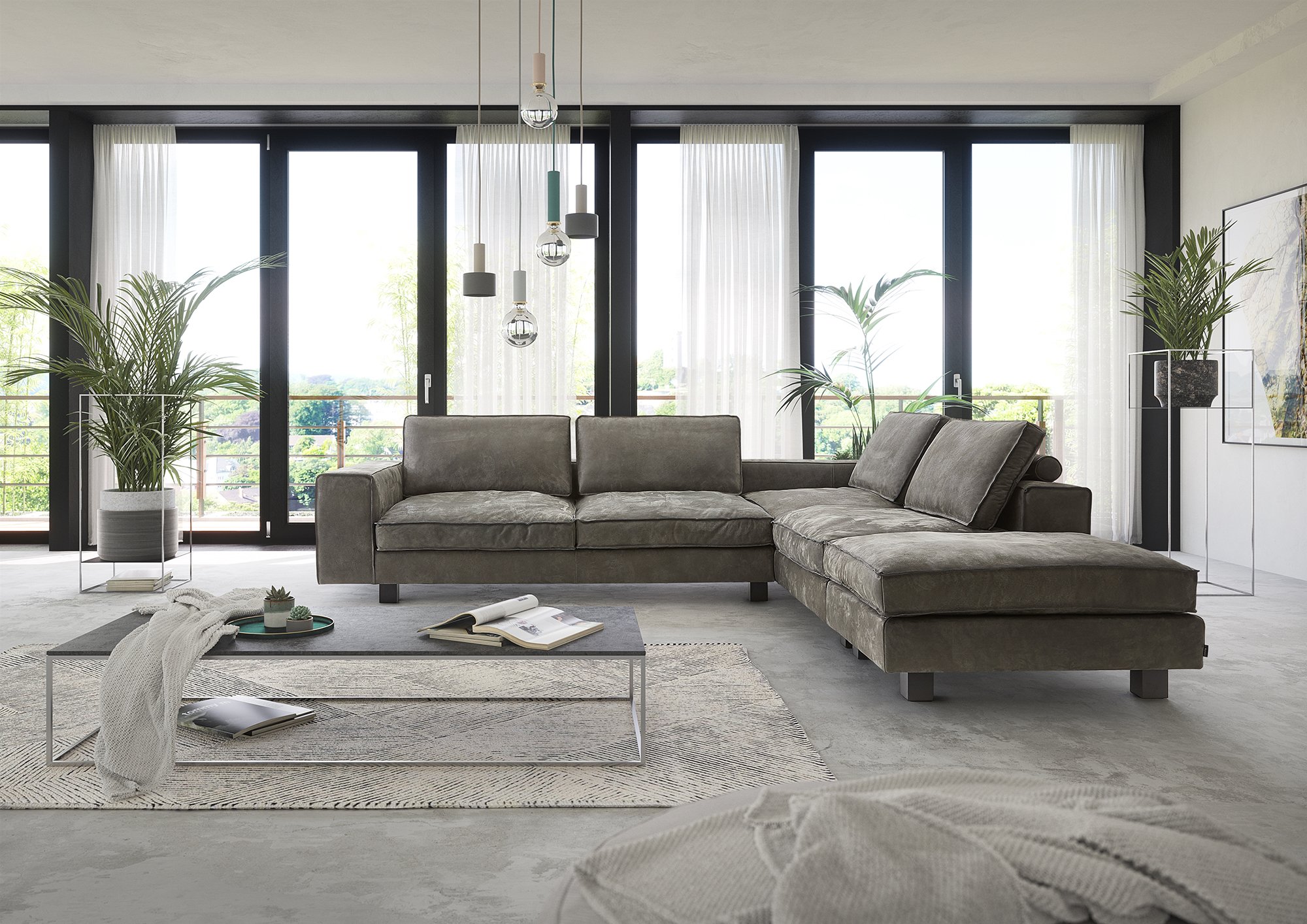 Tommy M Wohnlandschaft Anilinleder Anthrazit L-Long Beach X 325 x 224 cm