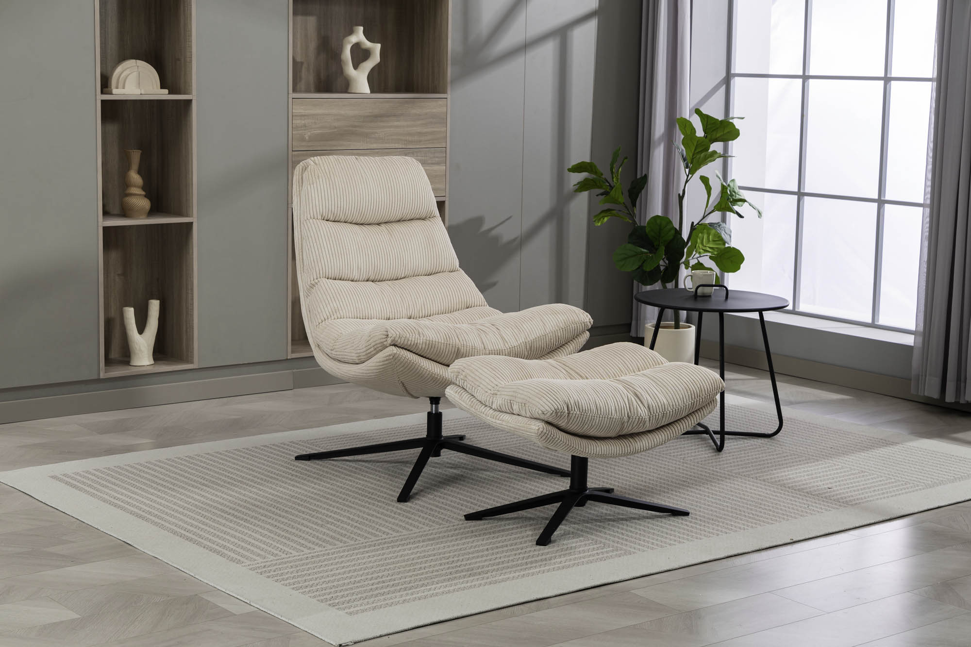 Relaxsessel mit Hocker Cord beige - 360 ° drehbar, mit Relaxfunktion - Duo Collection Pocatello