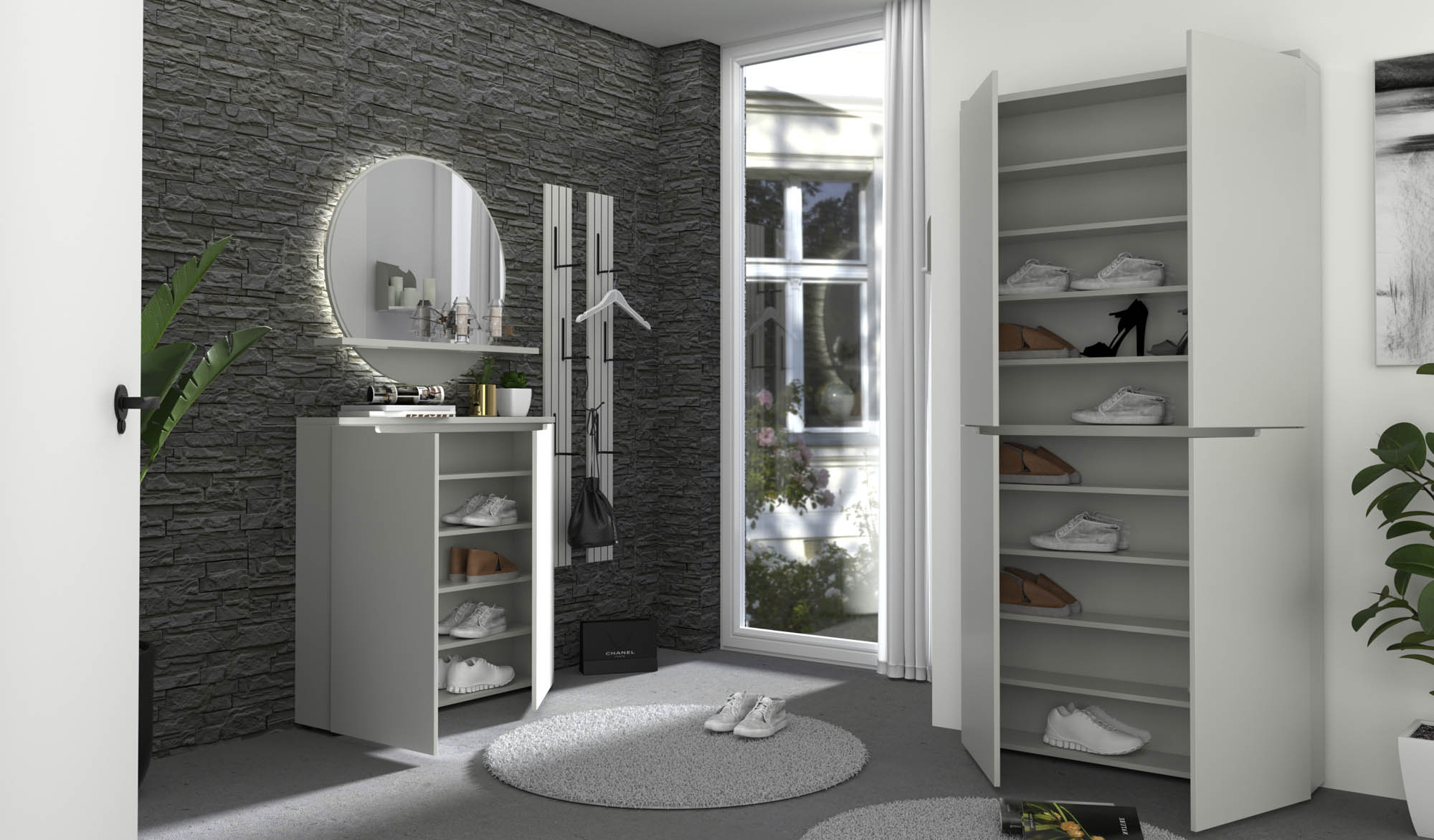 Schuhschrank lichtgrau - Bridport - mit Softclose, grifflos - mit 2 Holztüren und 4 Fachböden