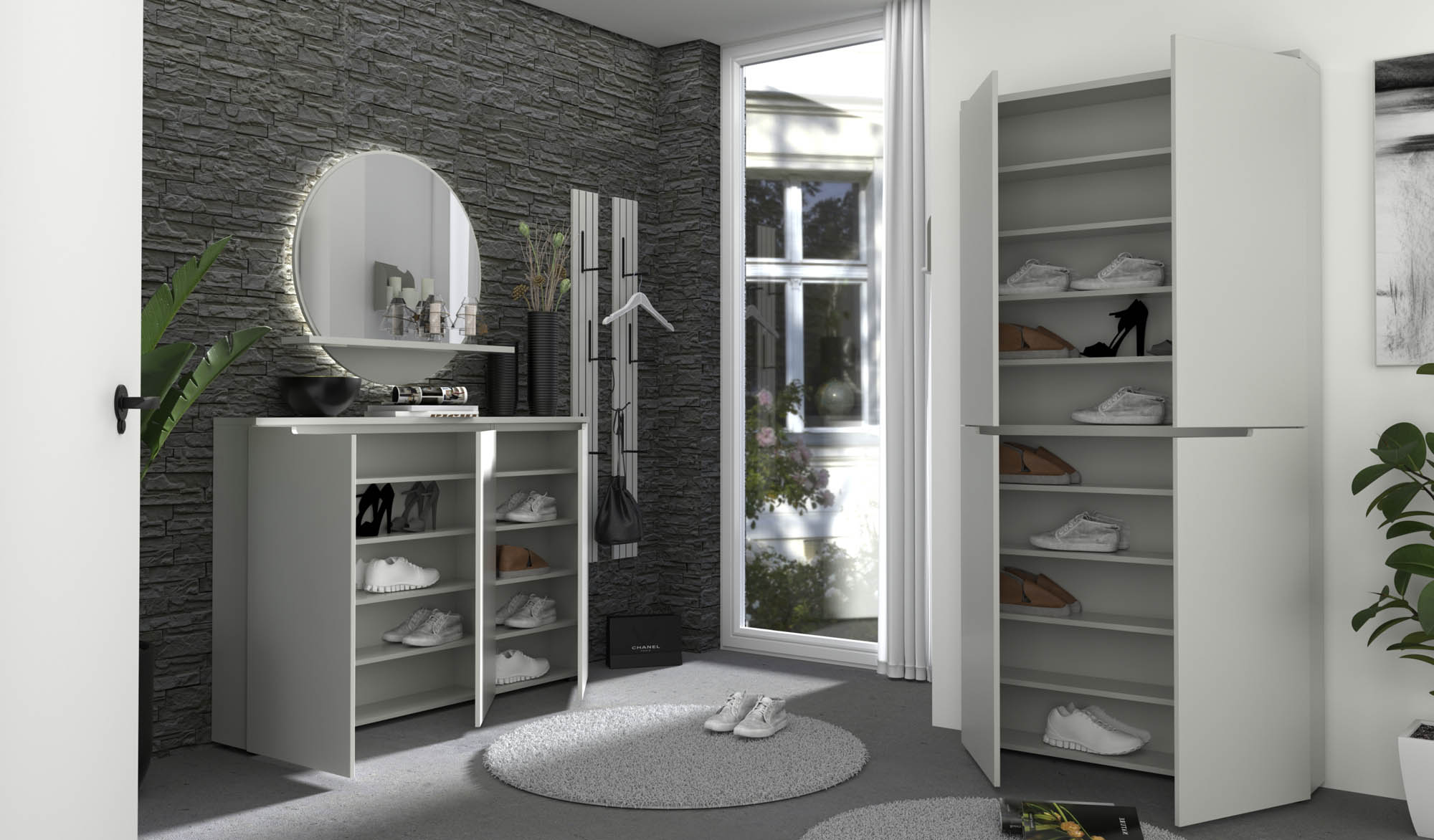Schuhschrank lichtgrau - Bridport - mit Softclose, grifflos - mit 3 Holztüren und 8 Fachböden