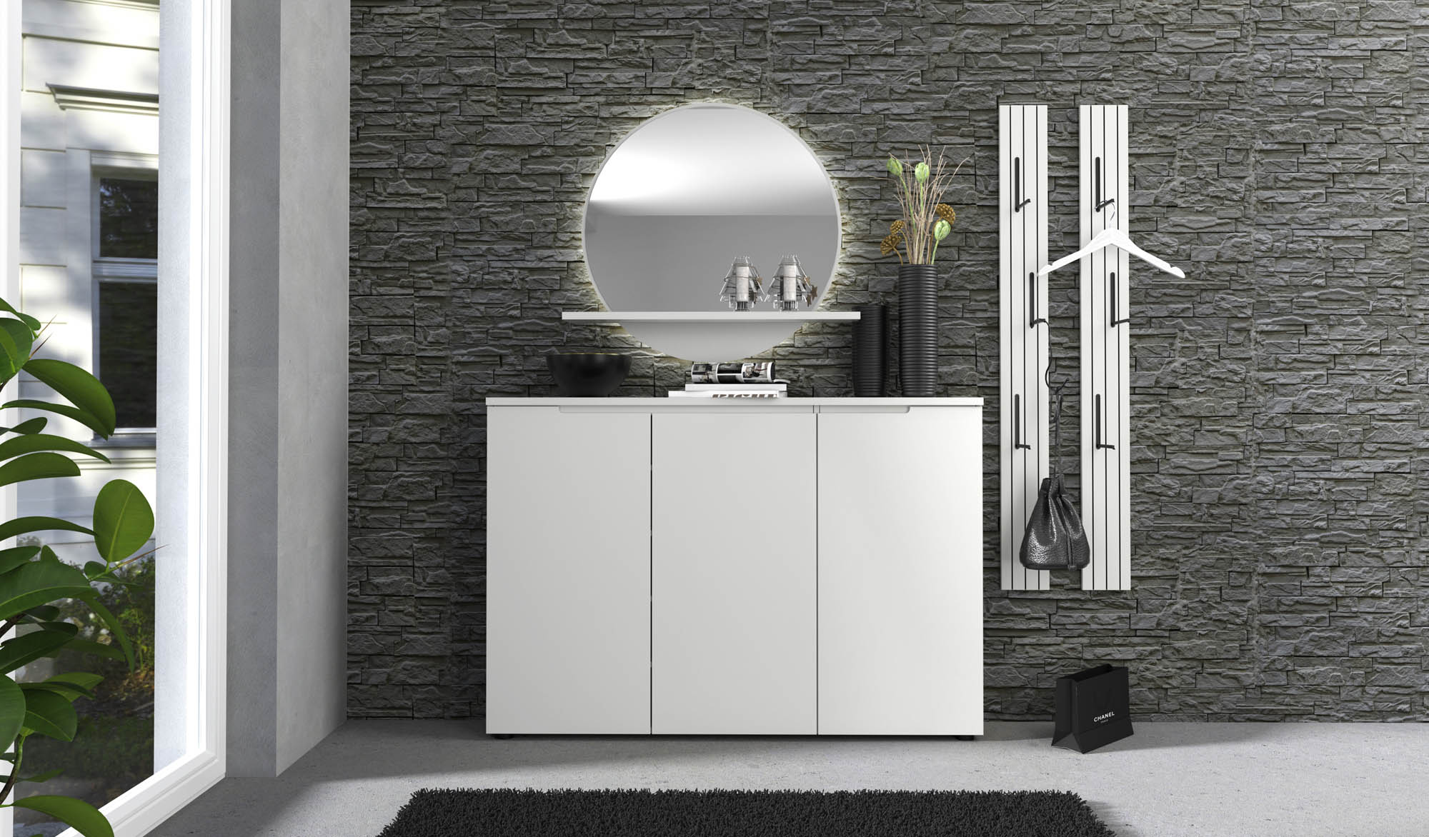 Schuhschrank lichtgrau - Bridport - mit Softclose, grifflos - mit 3 Holztüren und 8 Fachböden