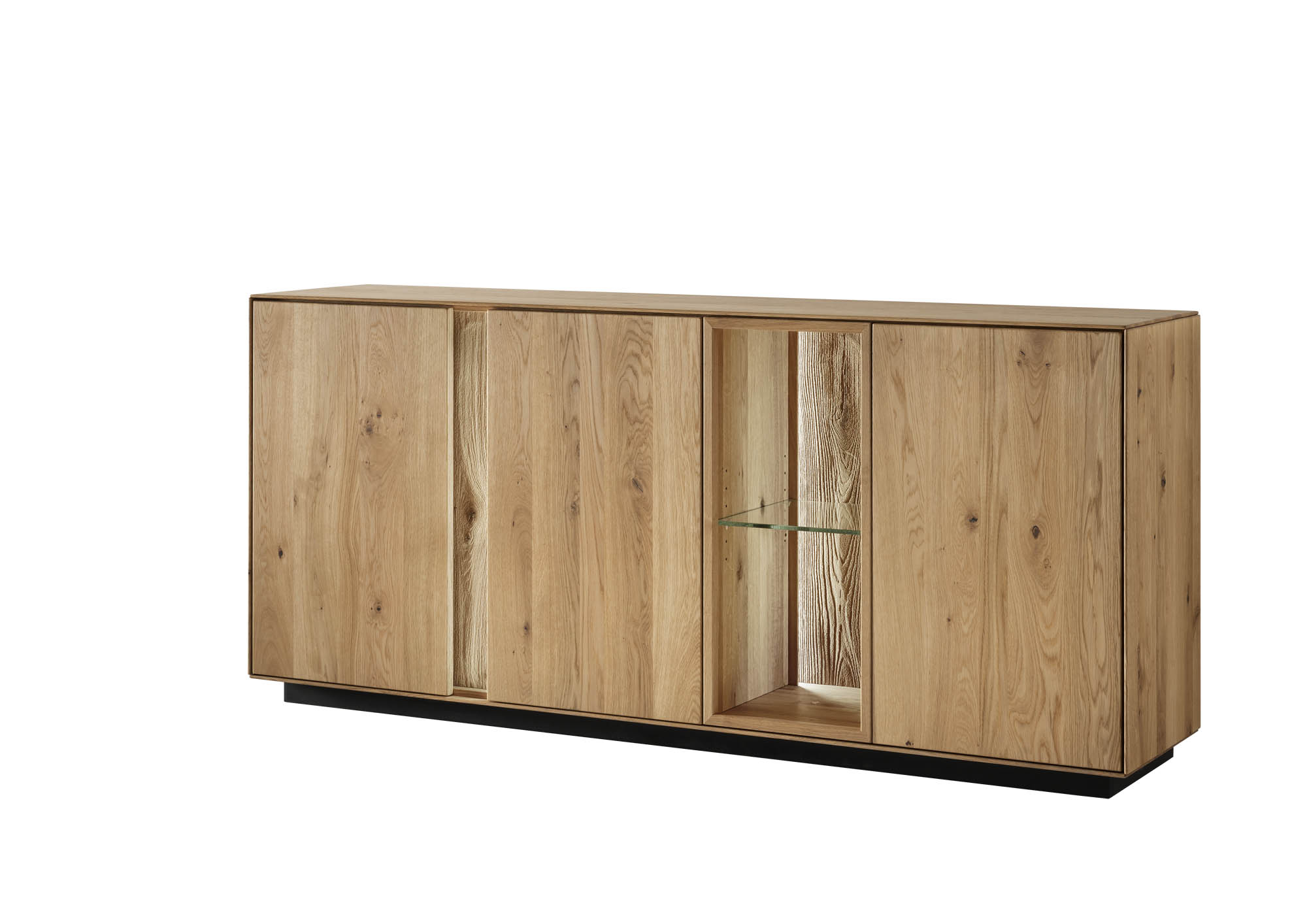 Sideboard I Sola Wildeiche - inkl. LED Beleuchtung, Rückwand der Griffleiste und sichtbare Rückwände sandgestrahlt
