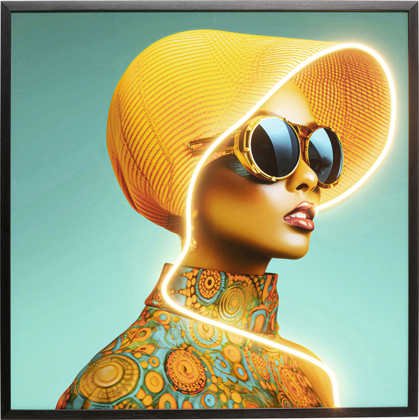 Gerahmtes Bild 80x80cm mehrfarbig - 80 x 80 cm - KARE Sun Hat Woman Gelb LED