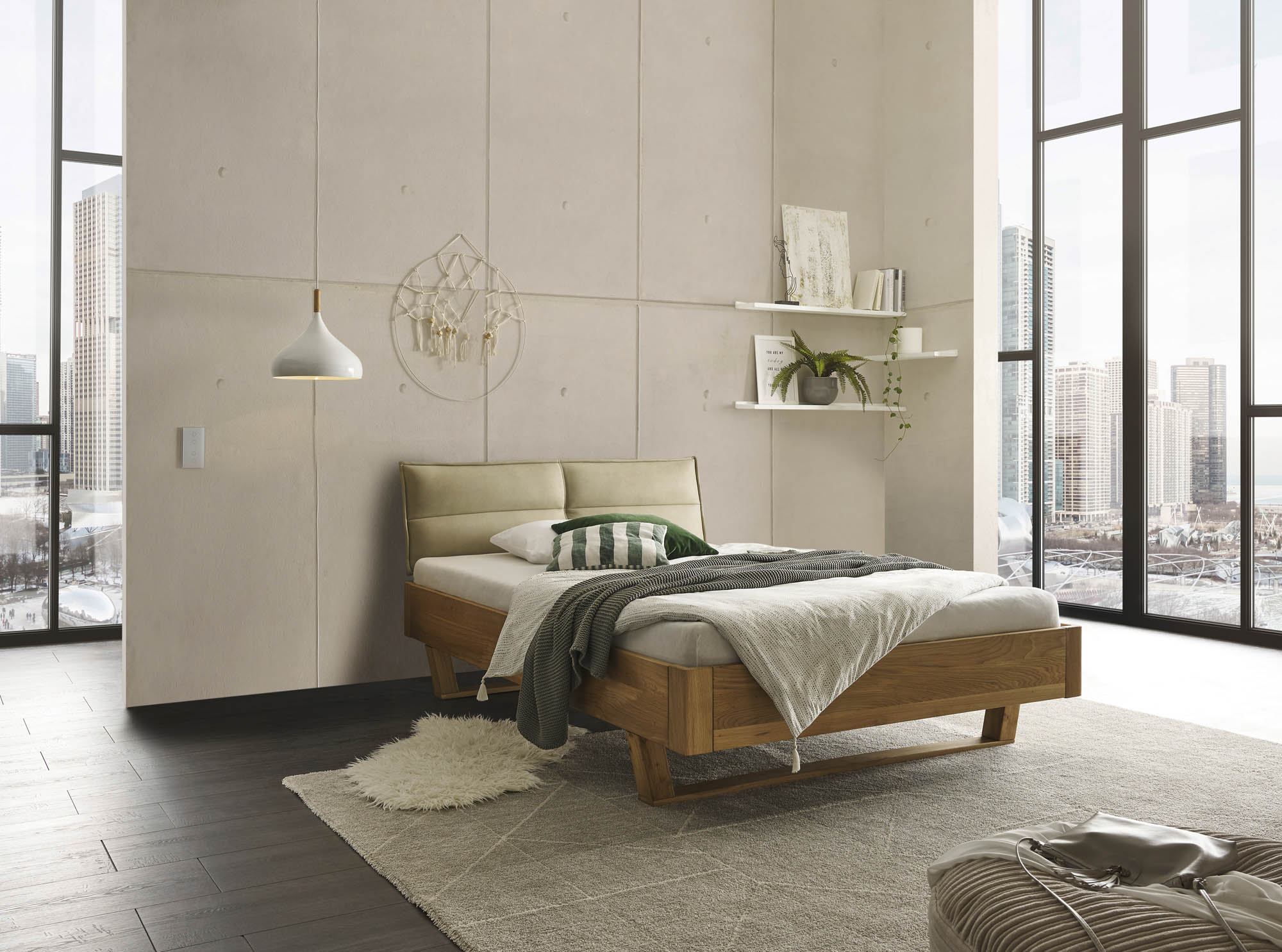 Bett Lederoptik beige ca. 140 x 200 cm Eiche massiv - Tjark